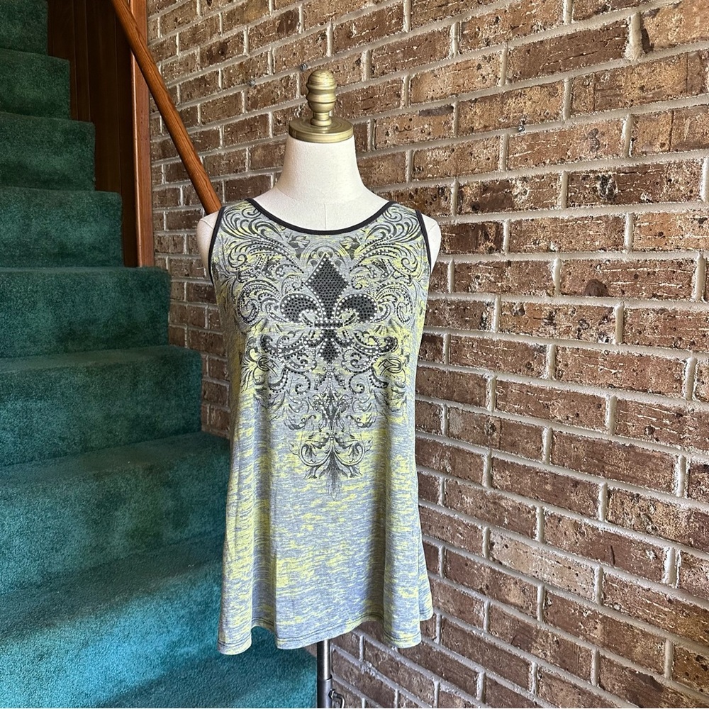 VTG Y2K Rhinestone Alt Grunge Biker Short Angel Cross Yellow Tank Top